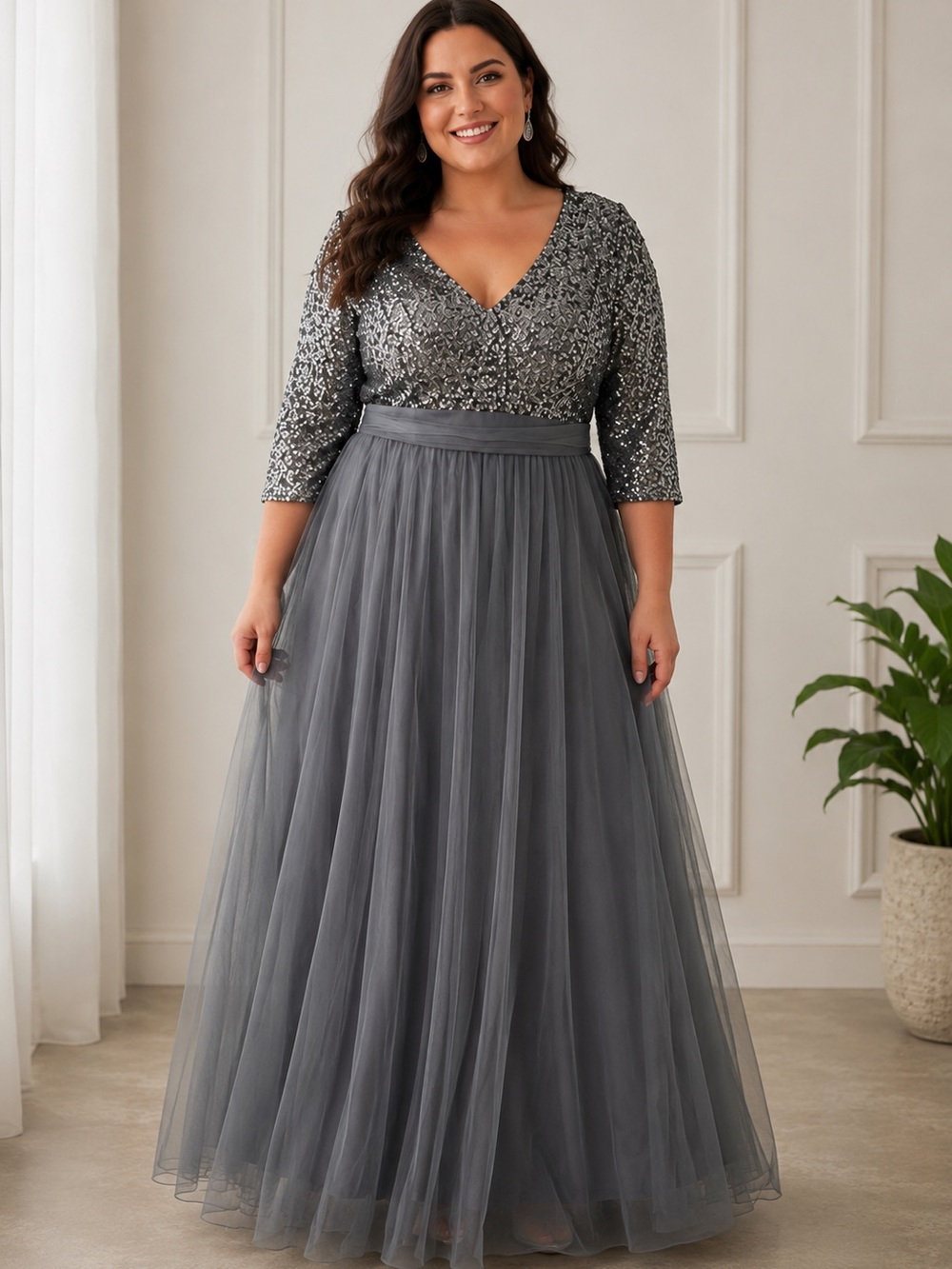 Elegant Light Blue Sequin V-Neck Women’s Dress
